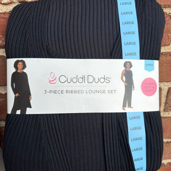 Cuddl Duds Tops - Cuddl Duds Ribbed Lounge Set 3 Piece Cozy Soft Sleepwear Black Large NEW